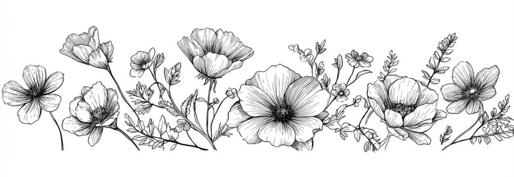 vector floral hand-drawn line art vector flowers and leaves for wedding design elements, isolated on a white background. black outline sketch illustration of a decorative summer or spring flower branc
