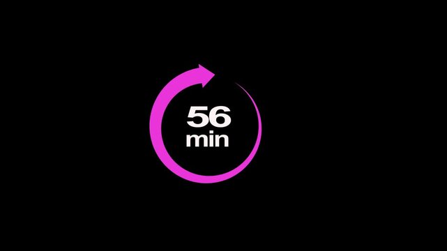 56 minute circle clock icon animation, circular arrow with 56 minute text animation. Digital and analog clock 56 minutes reminder 4k video motion graphic.