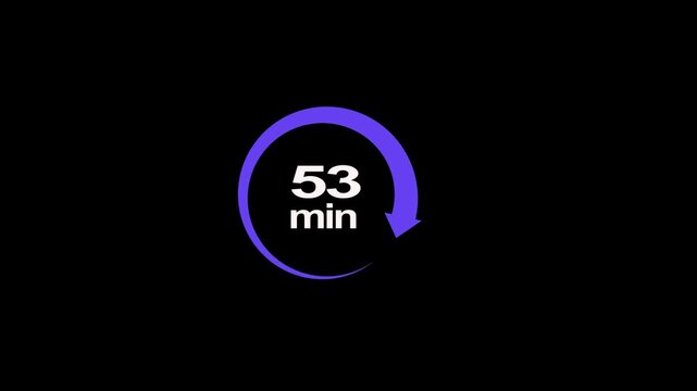 53 minute circle clock icon animation, circular arrow with 53 minute text animation. Digital and analog clock 53 minutes reminder 4k video motion graphic.
