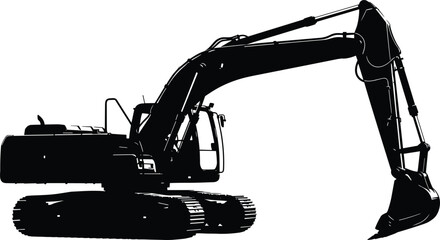 Detailed black silhouette vector illustration of a heavy construction excavator machine isolated on white background for industrial building and civil engineering design concepts. © MdGolam