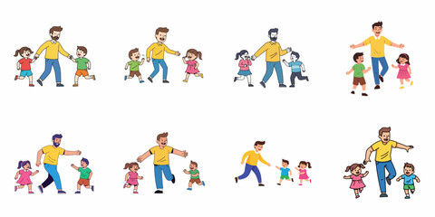 Fototapeta premium Happy Father and Two Kids Running and Playing Together: A Set of 8 Cartoon Illustrations Depicting Family Joy and Active Parenting.