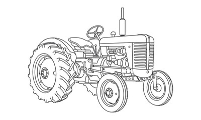 Vintage farm tractor line art illustration isolated on white.Retro antique agricultural tractor outline vector for farming design. © MDABDULKAWSAR