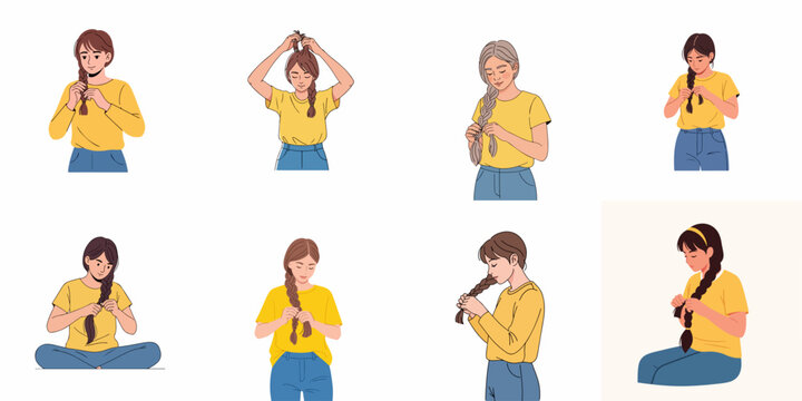Collection of young women illustrating the process of braiding long hair, showing different stages and styles in a set of vector illustrations.