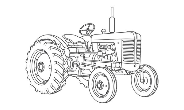 Vintage farm tractor line art illustration isolated on white.Retro antique agricultural tractor outline vector for farming design.