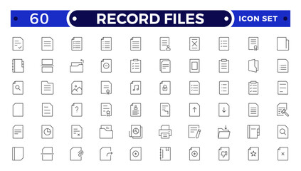 Record Files Outline icon set. Icon pack contains summary, file, paper, report, form, record, sheet, text, note, page, letter, memo, contract, template, archive.