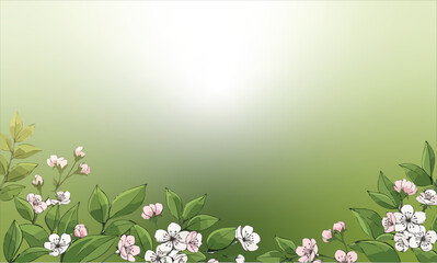 Spring green grass background with white flowers and blooming nature illustration.