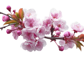 Branch of blooming pink cherry blossoms against a plain, dark background