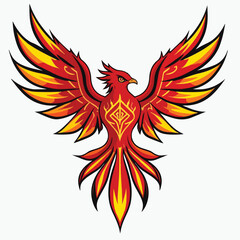 Naklejka premium Majestic mythical phoenix bird design featuring vibrant red and yellow flames spreading its powerful wings in a symmetrical triumphant display of rebirth and immortality