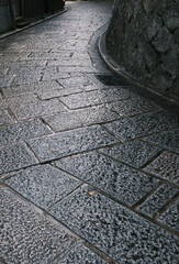 雨の日の静かな石畳の通りの路面