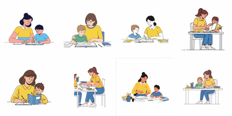 Set of illustrations showing mothers or female tutors helping young boys study, read, and complete school homework assignments, emphasizing education and family learning.