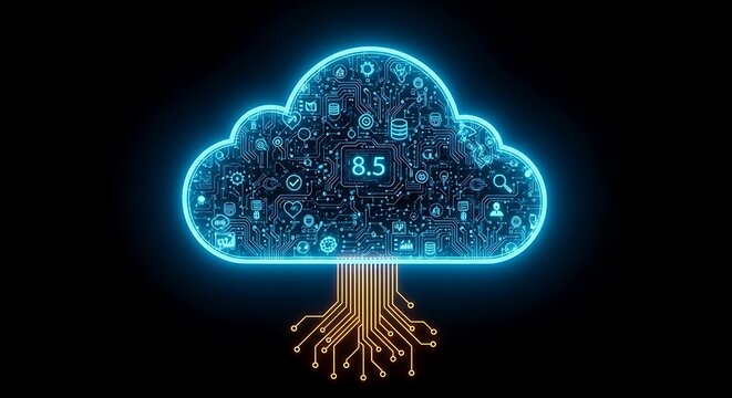 Digital cloud with circuit board pattern and 8.5 in the center on a dark background blue neon