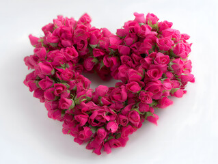Heart-shaped wreath made of pink roses on a white background