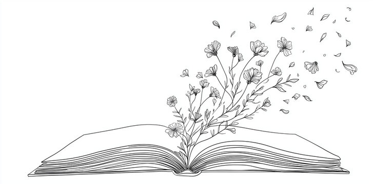 a simple single line drawing of an open book with flowers and hearts flying out, white background, vector style, flat design, one continuous line art illustration, thick black lines, simple drawing, s