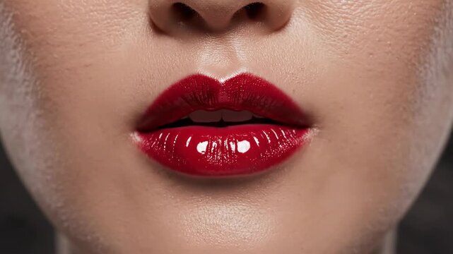 Woman with red lips exhales foggy breath. Macro close-up sequence of mouth opening and closing in winter air. Beauty and cold weather visualization concept.