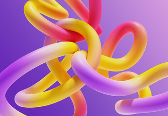 Colorful intertwined tubes forming abstract shapes against purple backdrop