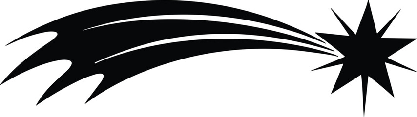 Vector illustration of stylized shooting star with curved trails in bold black design symbolizing motion, aspiration, and celestial phenomena © SABINA
