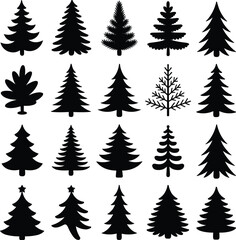 Obraz premium A collection of various Christmas tree black vector on white background.
