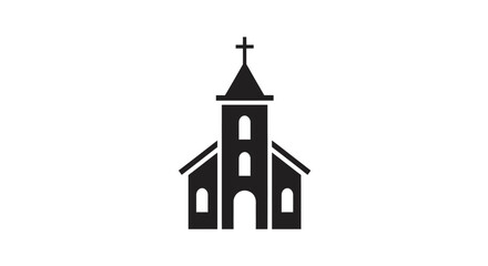 Black and white church icon representing faith and community on white backdrop