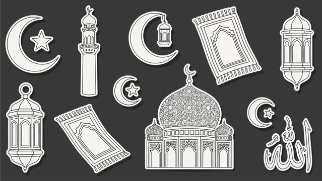 Islamic symbols and elements illustration, including mosques, lanterns, and crescent moons, on a dark background from a straightforward viewpoint.