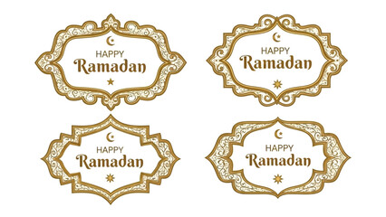 Four ornate gold Ramadan labels with greetings on white background viewed from directly above
