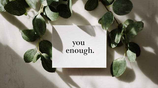 Card with affirmation message rests among lush eucalyptus leaves for self-care.