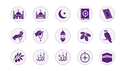 Collection of Islamic symbols and icons in purple, representing faith and culture in a modern graphic illustration style