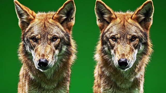 Two Red Wolves Staring Intently Against a Vibrant Green Background.