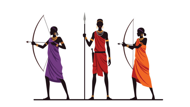 Silhouettes of three African warriors in traditional purple, red and orange clothing holding bows, arrows, and a long spear.