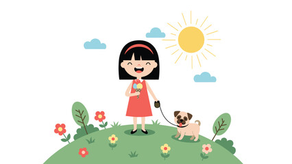 Fototapeta premium Cute little girl holding an ice cream cone and walking her pet pug dog on a green hill with flowers under a bright sunny sky with clouds.