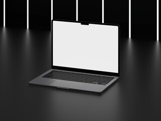 Black Open Screen Laptop with Black Background and Strip Light 3D Render Isolated for Mockup 1