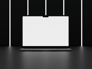 Black Open Screen Laptop with Black Background and Strip Light 3D Render Isolated for Mockup 2