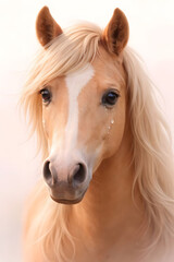 Fototapeta premium A close-up portrait of a palomino horse with a white blaze, flowing mane, and delicate teardrops in the eyes. Warm, soft sunset light creates a serene and emotional mood.