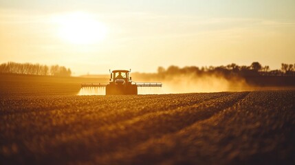 Fototapeta premium wideangle. Tractor spraying mist in a soybean field under golden sunlight, with a blurred rural horizon. safety posters.