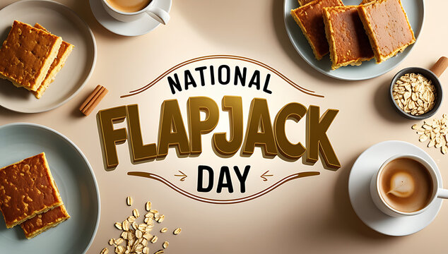 Overhead view of flapjacks and coffee celebrating National Flapjack Day; plates on left and top-right with two cups, oats scattered on a neutral table; 4K, HD