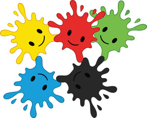 Cute colorful paint splashes with smiling faces, playful cartoon blobs for kids art, creativity, education and fun design concept