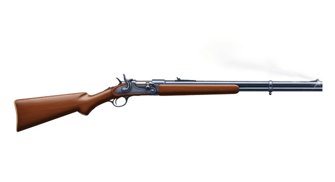 Historic breech-loading rifle with wooden stock and steel barrel isolated on white background