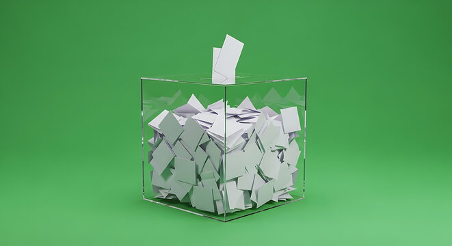 Bo&icirc;te de scrutin transparente remplie de bulletins &eacute;lectoraux sur un arri&egrave;re-plan vert vif, illustration tridimensionnelle symbolisant la d&eacute;mocratie, le choix politique et le suffrage universel.