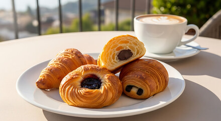 Freshly baked cinnamon rolls with blueberry filling next to a cup of coffee.