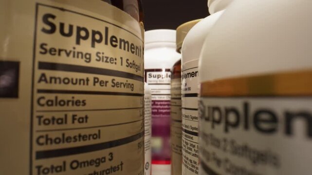 A Complex of Vitamins and Microelements for a Healthy Diet and Longevity. The Camera Moves Through Many Containers with Nutritional Supplements for Immune System Support. Plastic Jars for Tablets