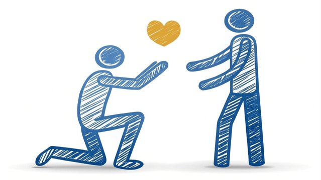 Blue line art illustration of person kneeling with heart for proposal or kindness.