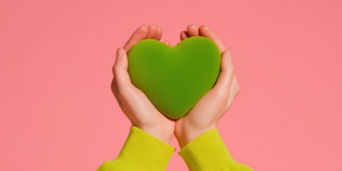 Fototapeta premium Cupped hands holding a green moss heart symbol against a pink background for charity advertising, social support, and environmental care concept with copy space