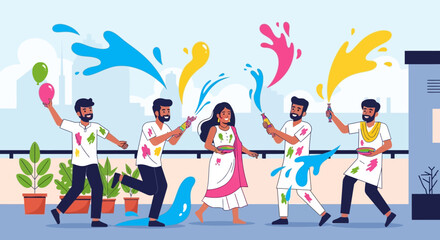 Fototapeta premium This flat design vector illustration portrays a dynamic scene of young Indian friends enthusiastically celebrating Holi by throwing water balloons and spraying pichkaris. 