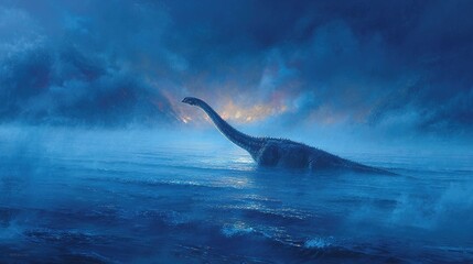 Fototapeta premium plesiosaur. Plesiosaur emerging from a deep blue prehistoric ocean with a misty volcanic background. wildlife magazines, conservation campaigns, designed for nature documentaries and education.