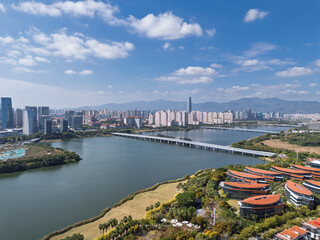 Scenic View of Xinglin Bay Urban Lake and Buildings, Xiamen, Fujian Province