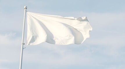 A plain white flag waving gently in the breeze against a soft, cloudy sky, symbolizing peace, surrender, or neutrality.