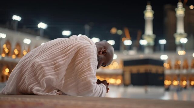 Devout Muslim Man Praying at Night in Mosque with Beautiful Lighting and Architectural Details During Ramadan Ramadhan or Hajj Season