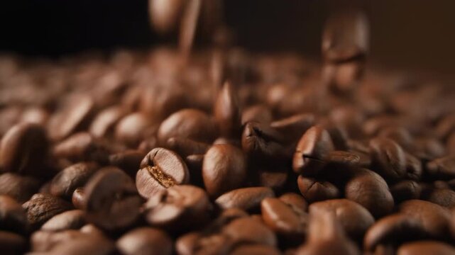 Close-up of fresh roasted coffee beans falling into a pile with rich texture