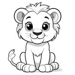 A cute lion sitting calmly, friendly expression, big eyes, simplified shapes, children coloring book style, vector line art, black and white, thick clean outlines
