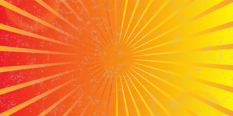 Fototapeta premium Retro pop art comic book background featuring converging orange and yellow radial lines, complemented by halftone dots, creating a dynamic and vibrant visual effect