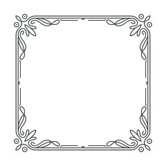 A square, decorative, ornamental frame with flourish elements in the corners, presented as a black line drawing on a white background.